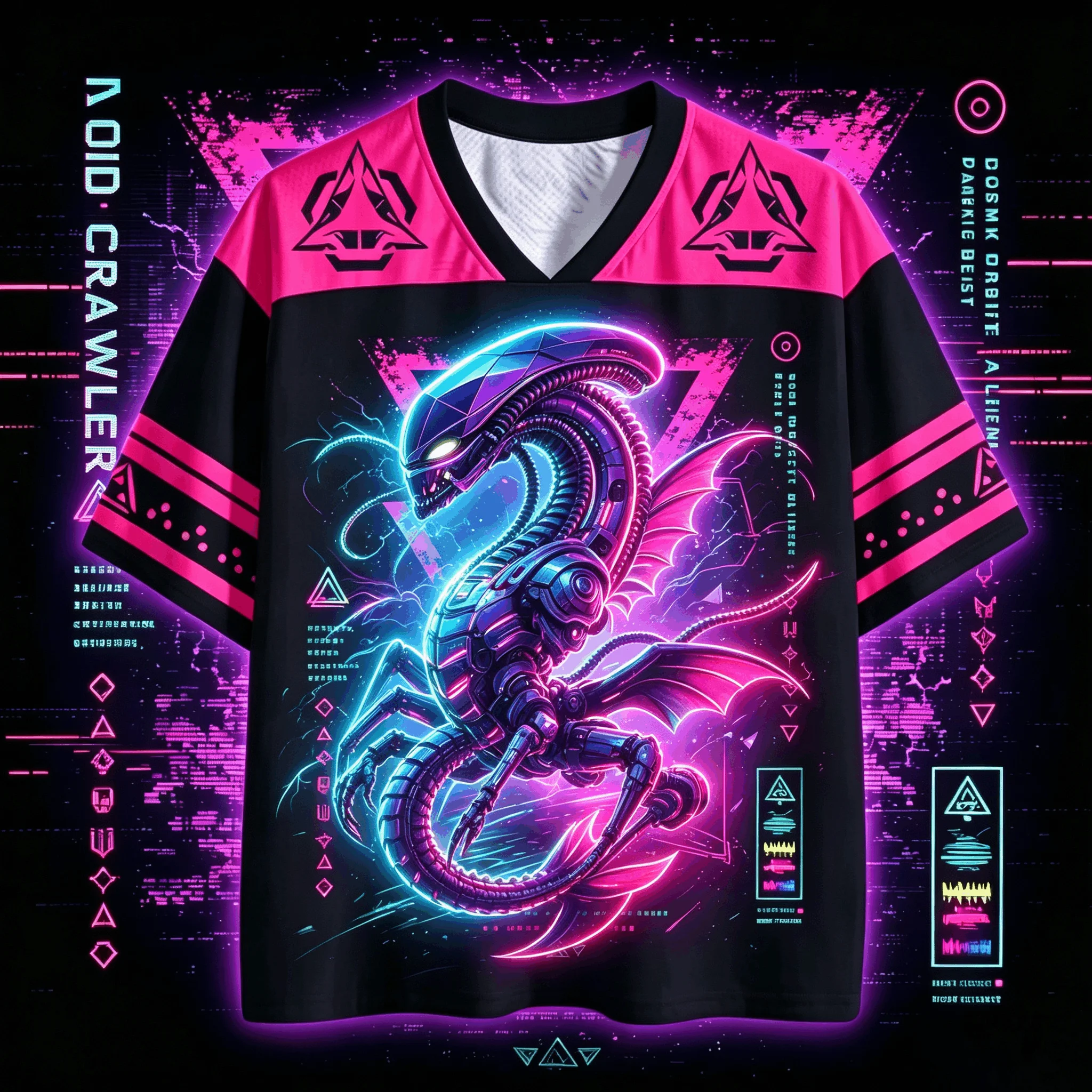 2026 Gothic Y2K Cyberpunk Original Outer‑Space Creature Print V‑Neck Mesh Jersey Tee Neon Glitch Punk Unisex Streetwear Top