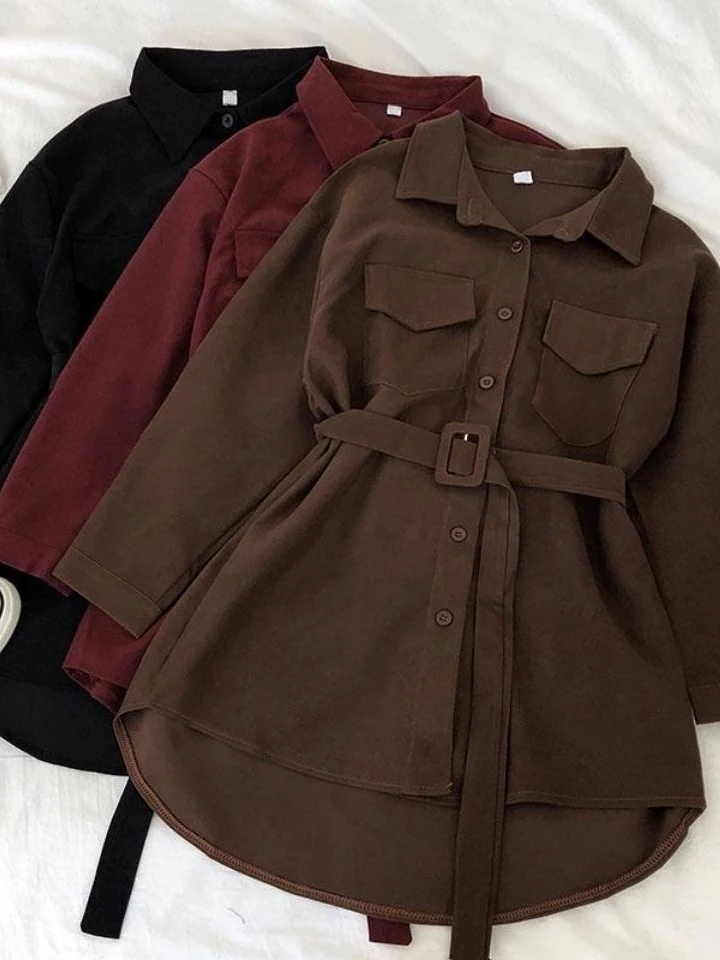 

Женское вельветовое пальто-рубашка на одной пуговице с поясом, средней длины, весна-осень, в корейском стиле, шикарное, свободного кроя