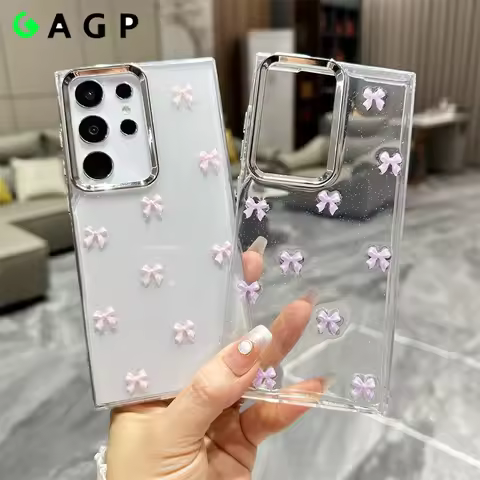 Cute Bowknot S25Ultra Transparent Phone Case for Samsung Galaxy S24 S23 S22 S24 Plus Ultra A13 A14 A15 A25 A35 A55 A16 S25 Cover