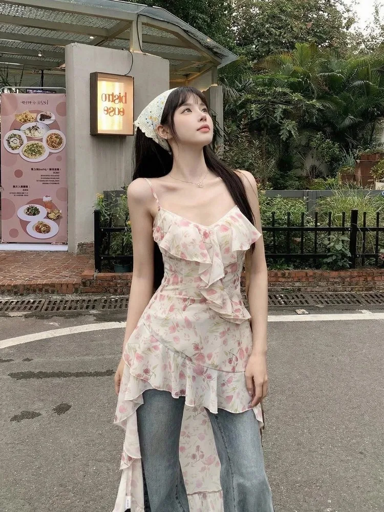 

Летний топ с цветочным принтом и асимметричным подолом, миди-длина, для молодых женщин, в корейском стиле, дышащий, приятный к телу