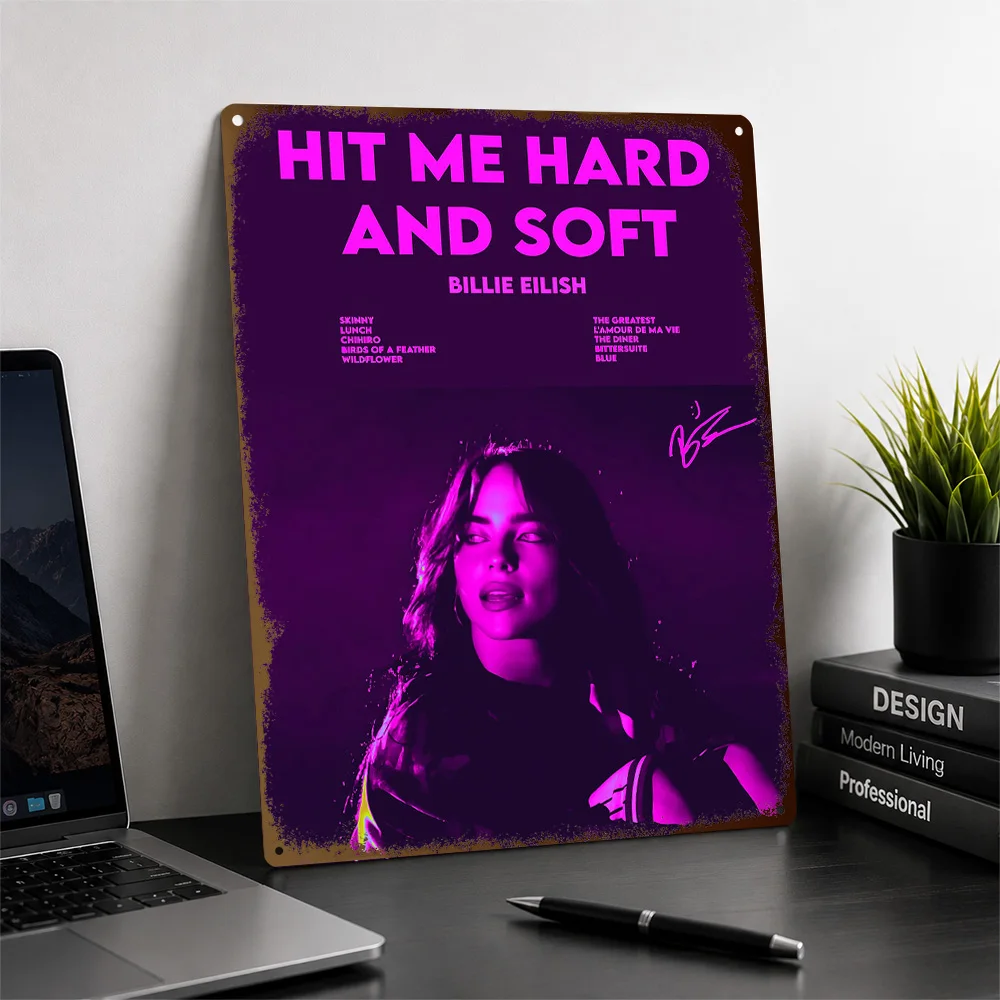Billie Eilish Hit Me Hard And Soft Textured Poster Personalized Metal Tin Sign Vocal Portrait Wall Art Made For Dedicated Fans