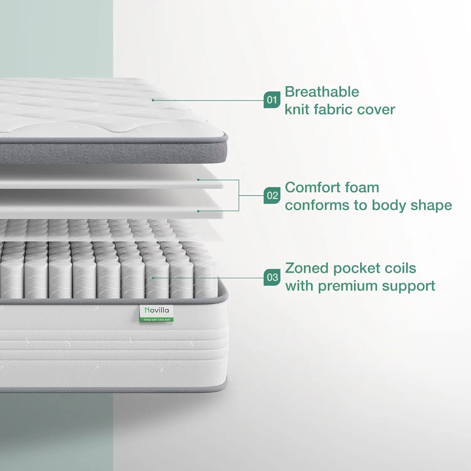 Colchão híbrido duplo de 10 polegadas para crianças, colchão superior de travesseiro de mola interna de bolso duplo para isolamento de movimento,