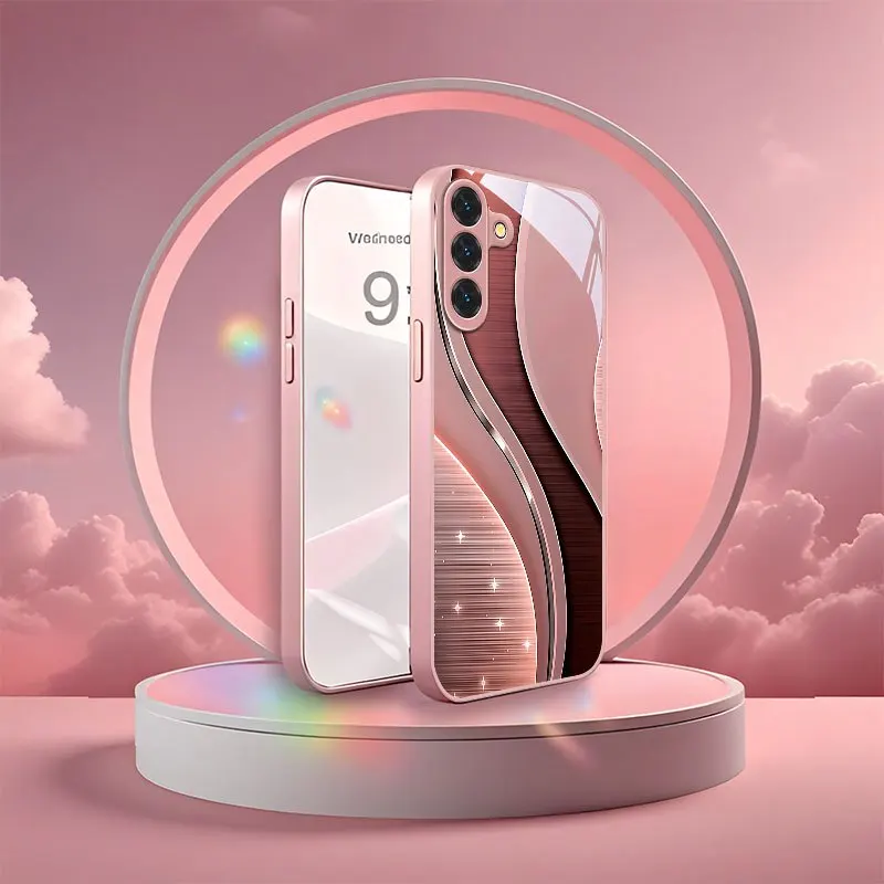 Rose Gold Wave Pattern Pink Electroplated Glass Phone case, Suitable for Samsung S26/S25/S24/S23/S22/S21/S20 and other models.