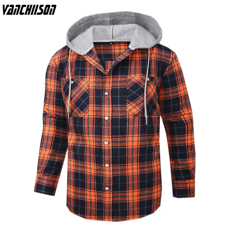 

Men Hooded Shirt for Spring Long Sleeve 100% Cotton Plaids Orange Preppy Style Male Casual Clothing 00610