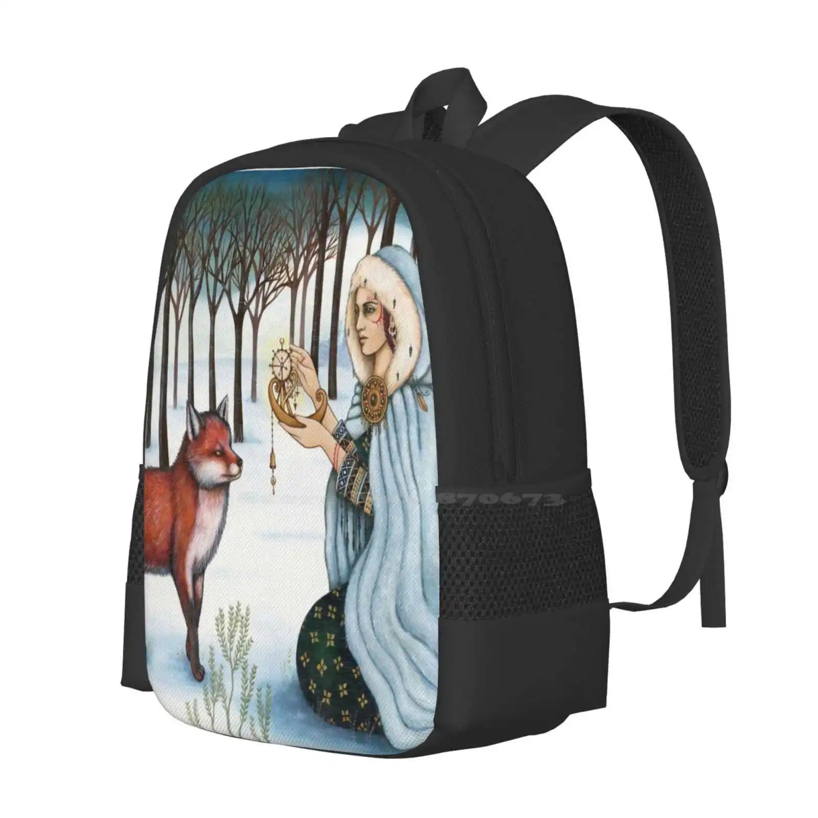 The Gift Of Time To The Red King Pattern Design Bag Student'S Backpack Fox Snow Trees Magic Winter