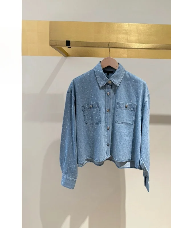 

Heavy Duty Rhinestone Collar Short Denim Shirt Casual Style Loose Fit Cotton Long Sleeve Neck Button Closure for Girls