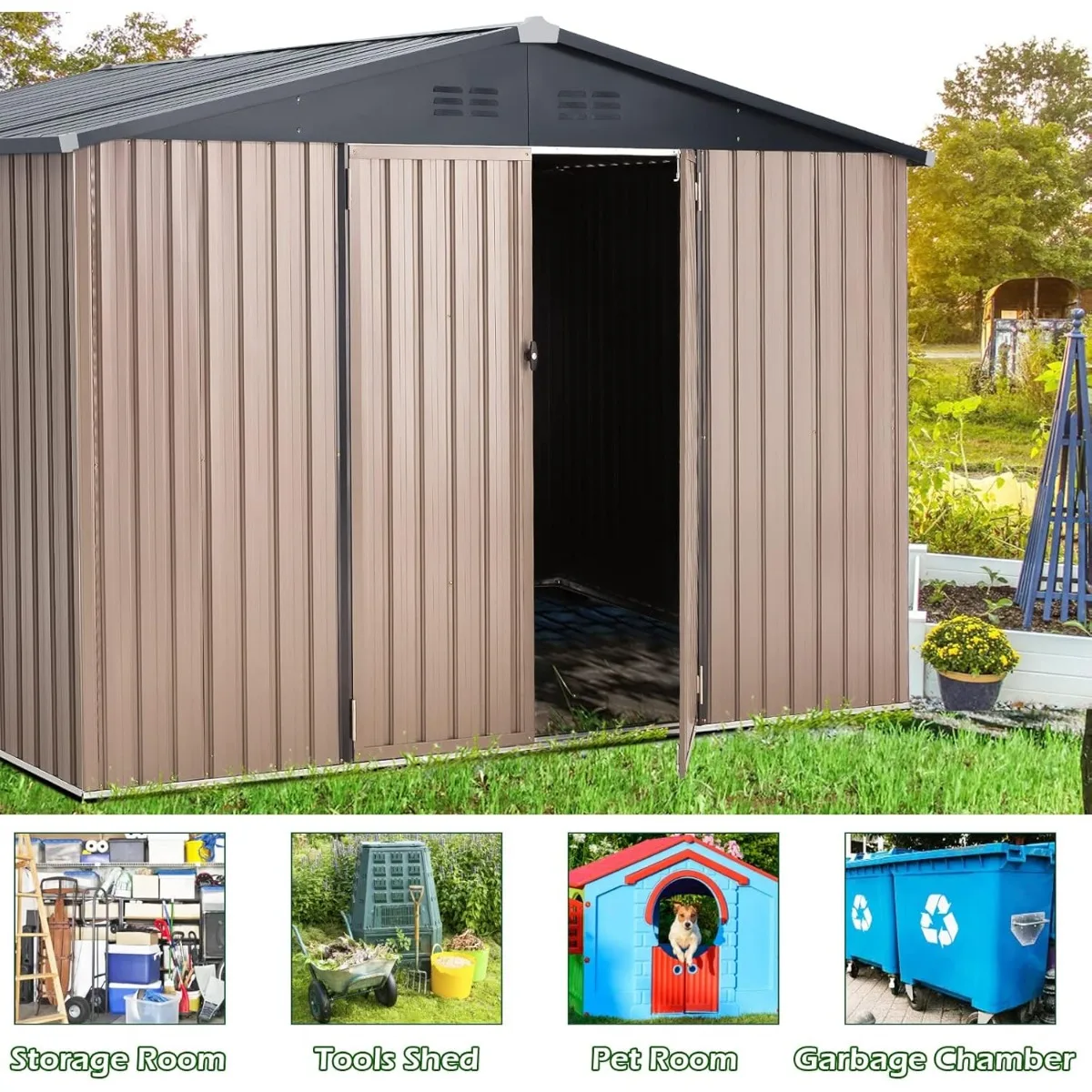 8' x 10' Metal Storage Shed for Outdoor, Steel Yard Shed with Design of Lockable Doors, Utility and Tool Storage for Garden