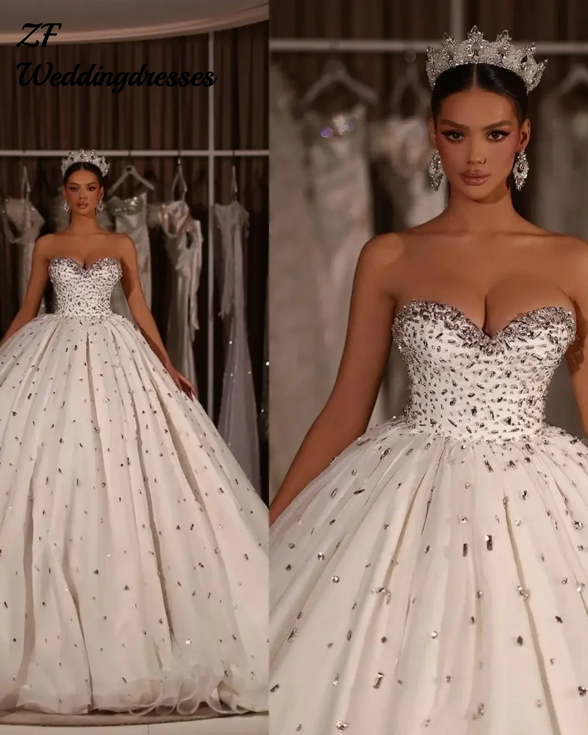 Customized Sweetheart Shinny Crystals Beads Wedding Dresses  Sweep Train Ballgown Puffy Bridal Gowns Vestido De Novia