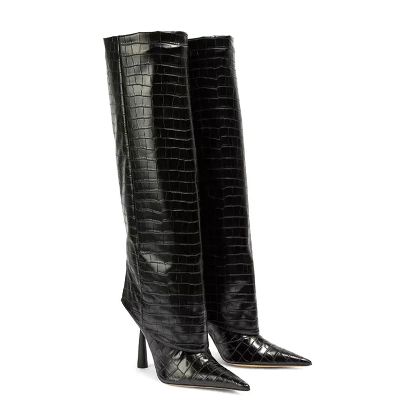 Star Style Fashion Patent Leather Loose Tube Pants Knee-high Boot Autumn Winter Elegant Thin High heels Chelsea Long Boots Shoes