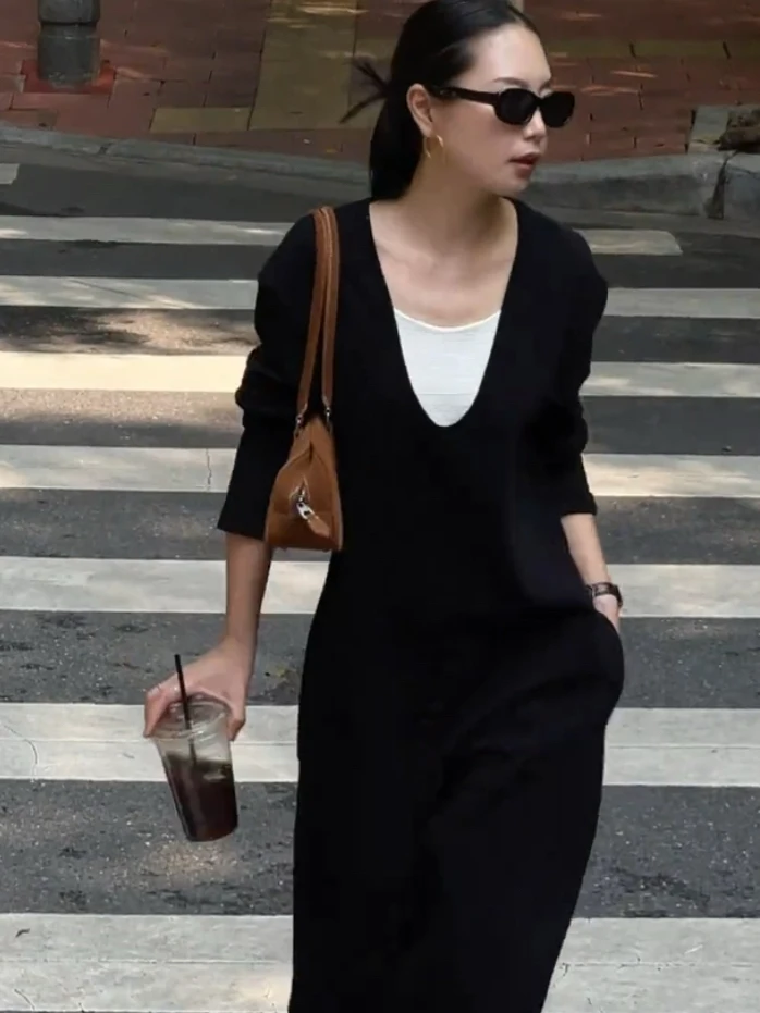 

Женское платье Hebe Sle больших размеров, осеннее, повседневное, свободного кроя, с завышенной талией, длинным рукавом, черное, для похудения