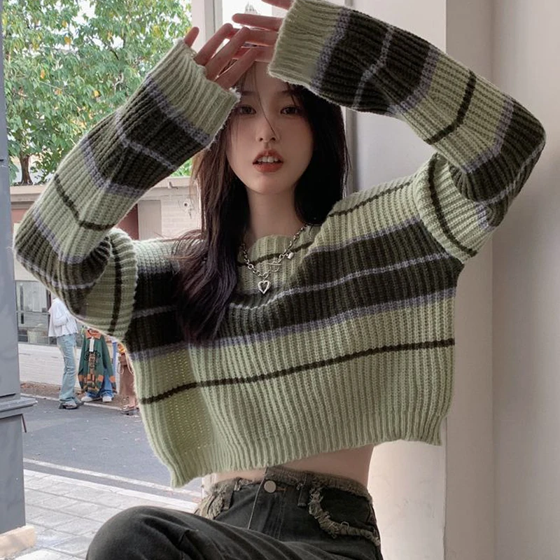 Women's Trendy Contrast Color Striped Chic Sexy Crop Tops Y2K Streetwear Female O Neck Long Sleeve Slim Pullover Knitted Sweater