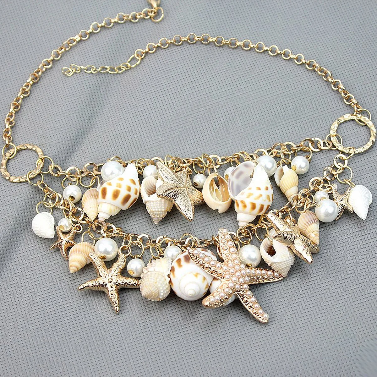 

Women's Golden Necklace 50cm Sea Shell Pearl Pendant Star Attractive Dress Accessory Sea Shell Pendant Women Collar Chain
