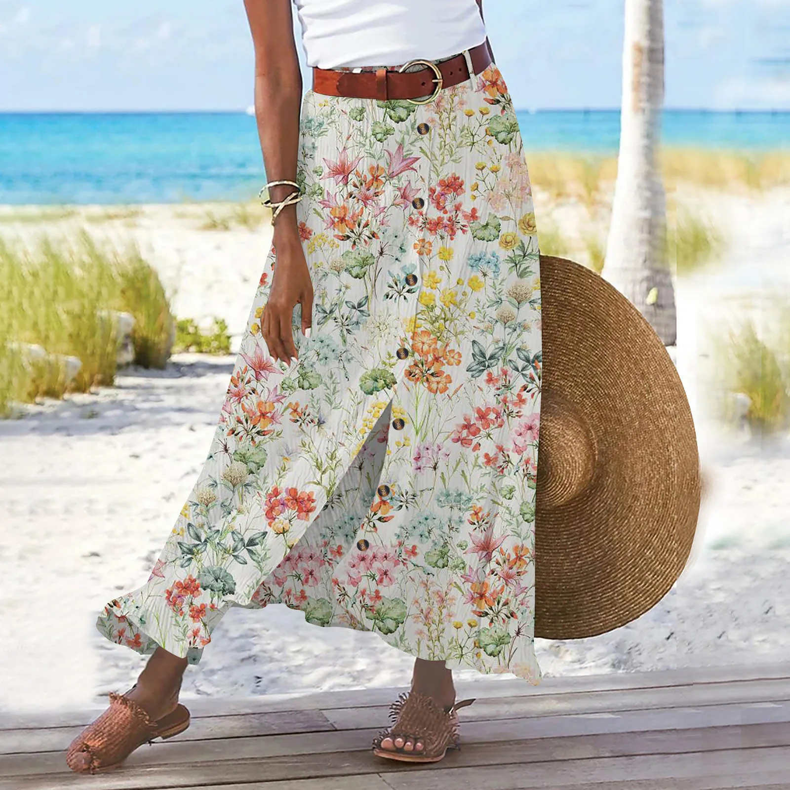 Summer Women's Skirt Cotton Linen Important Button Slit Flower Print Fashion Versatile Vacation Beach Midi Skirt
