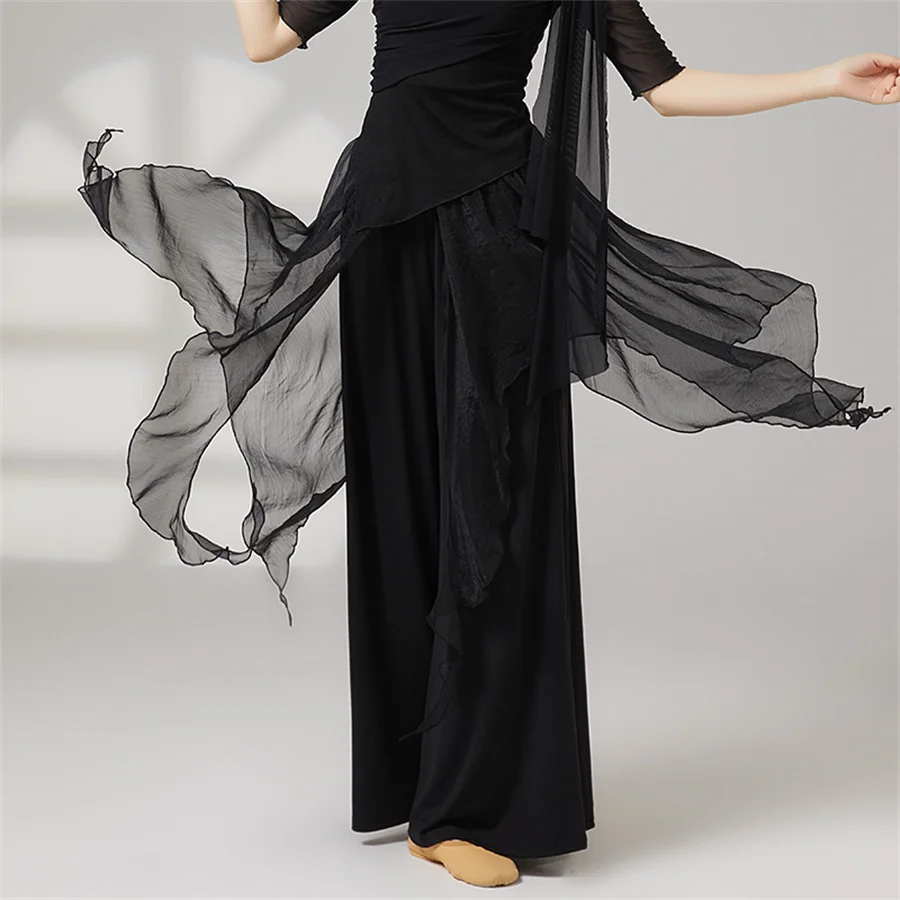 

Женские классические тренировочные танцевальные брюки из полиэстера с широкими штанинами, элегантные, с асимметричной талией, для современных танцев, костюм для взрослых, танцевальные штаны