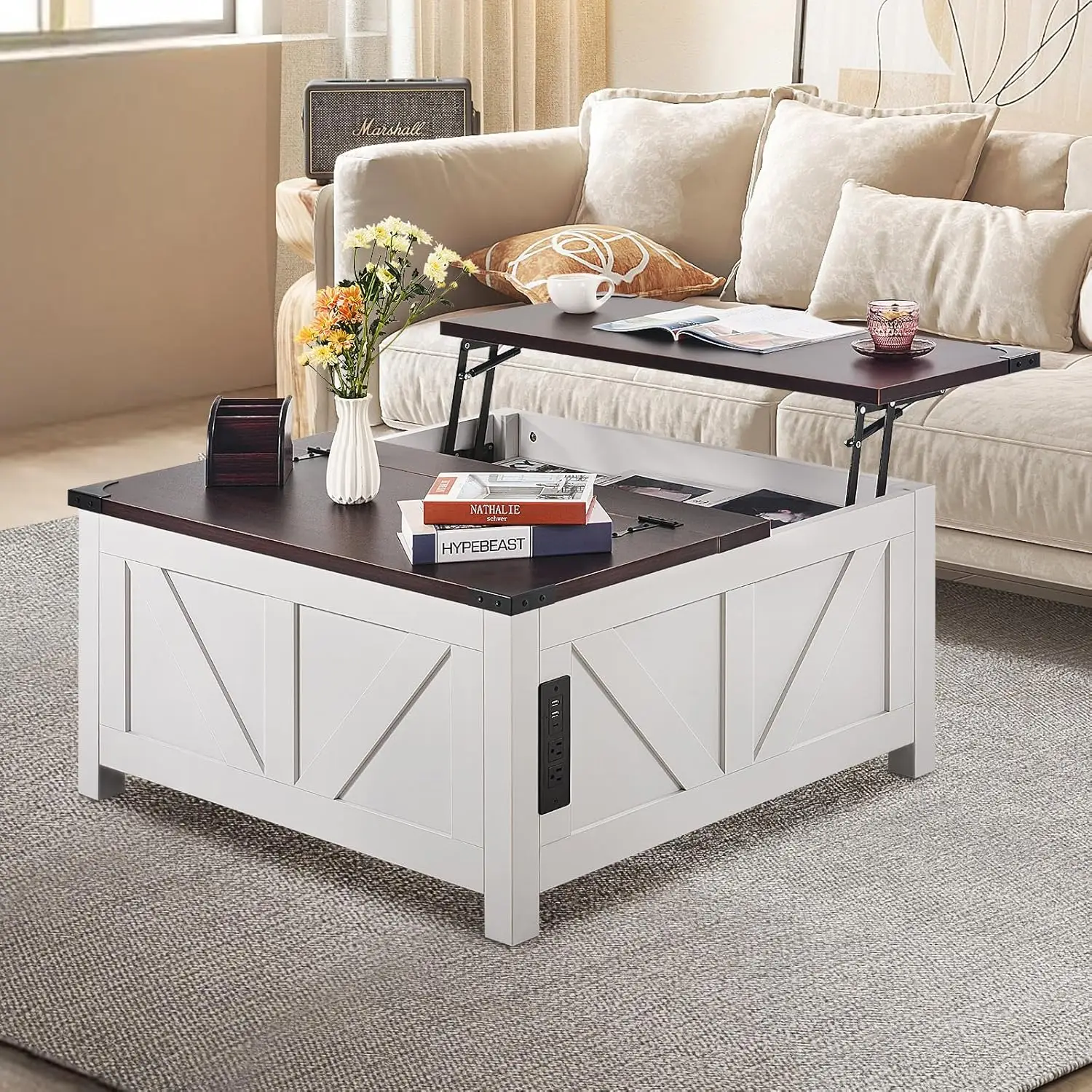 36" Farmhouse Coffee Table, Hinged Lift Top Square Coffee Table with Built-in Power Strip, Wooden Rustic Cocktail Table for