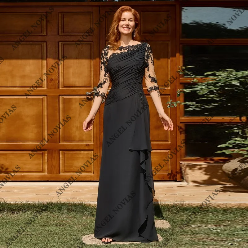 

Customized Long Black Chiffon Mother of the Bride Dress 2025 with Buttons Robes Invitee Mariage