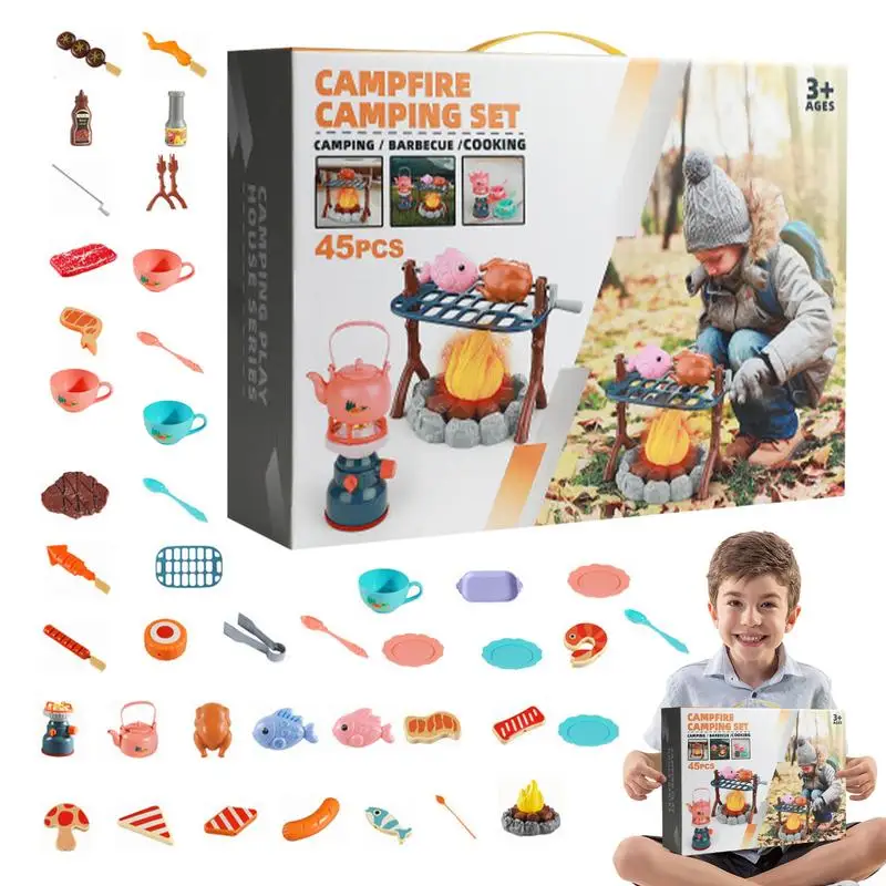 45pcs Kids Camping Toys Campfire Pretend Play BBQ Grill Set Cutting Play Food For Kid Kitchen Indoor Outdoor Toys Birthday Gift