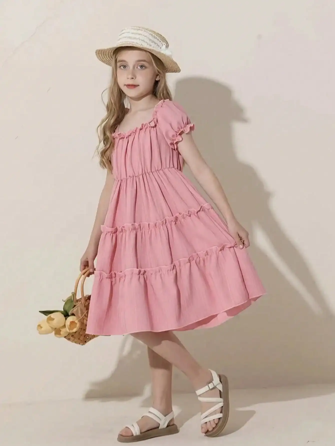 Children's casual elegant solid color square collar lace bubble sleeves short sleeved dress medium long skirt