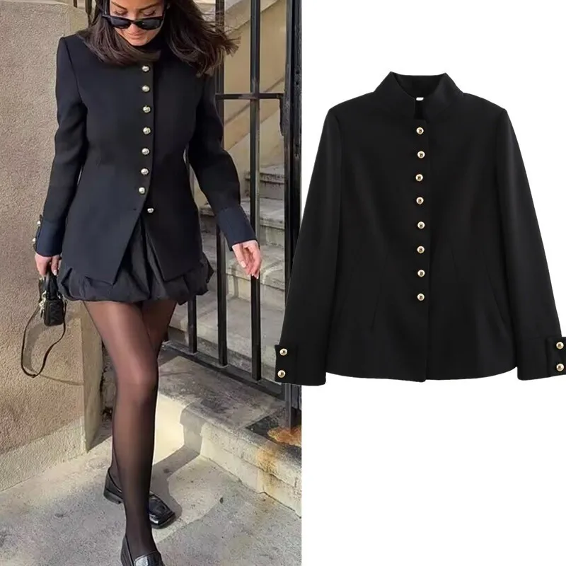 Black Mandarin Stand Collar Blazer Single Row Gold Buttons Slim Fit Long Sleeve Minimalist Commuter Jacket  Autumn Outerwear