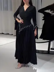 Uoozee Women Fashion Pleated Rhinestone Solid Color Maxi Dresses Spring Long Flared Sleeves Elegant Party Evening Dress 2024 New