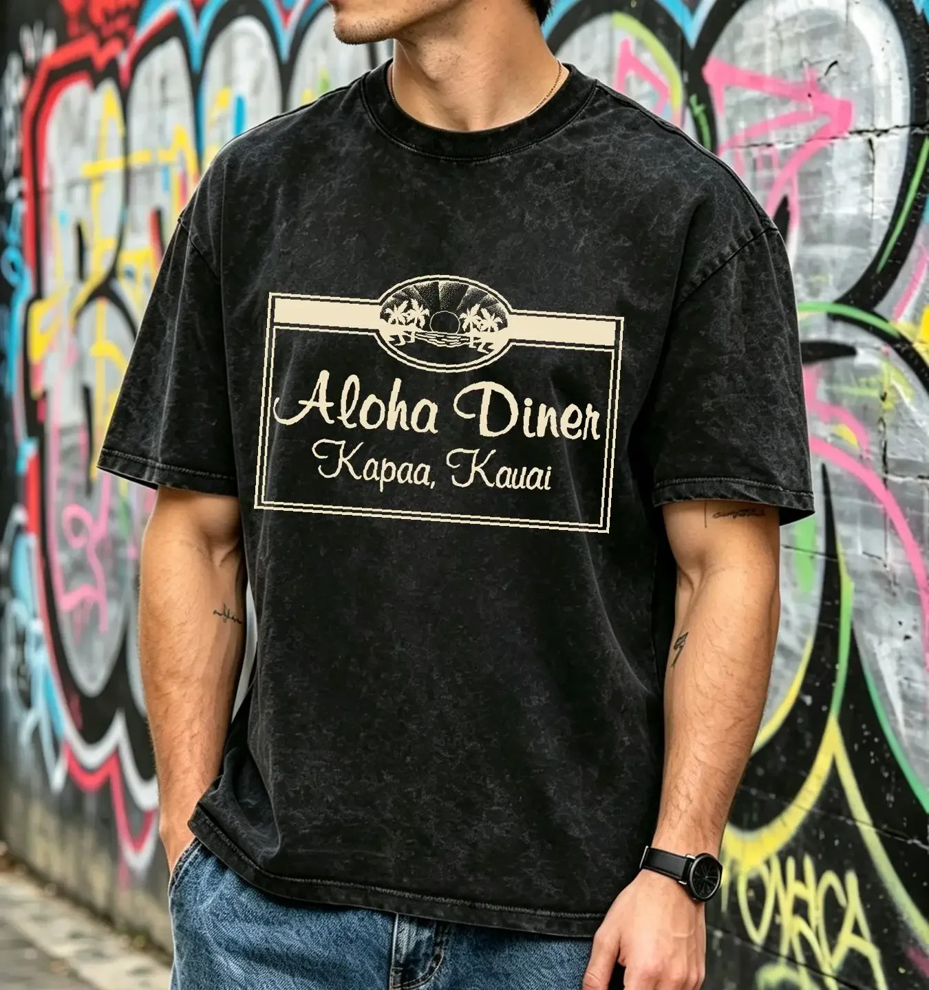 washed T Shirt VTG ALOHA DINER HAWAIIAN RESTAURANT TIKI MEN KAPAA KAUAI HAWAII SOUVENIR vintage Washed Top For Everyday Wear