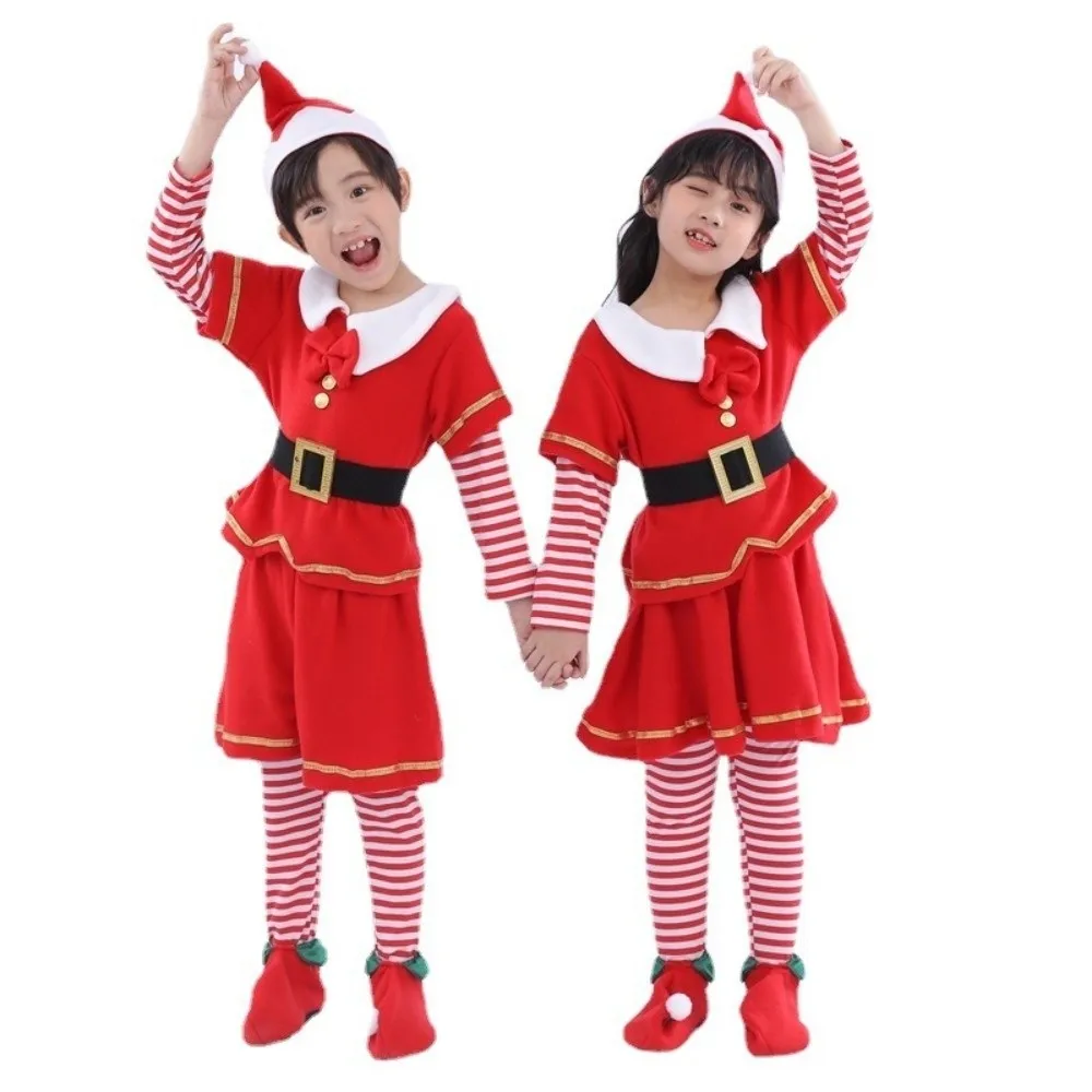 Menino menina conjunto completo traje de natal arco confortável elfo cosplay vermelho role play outfit festa de natal