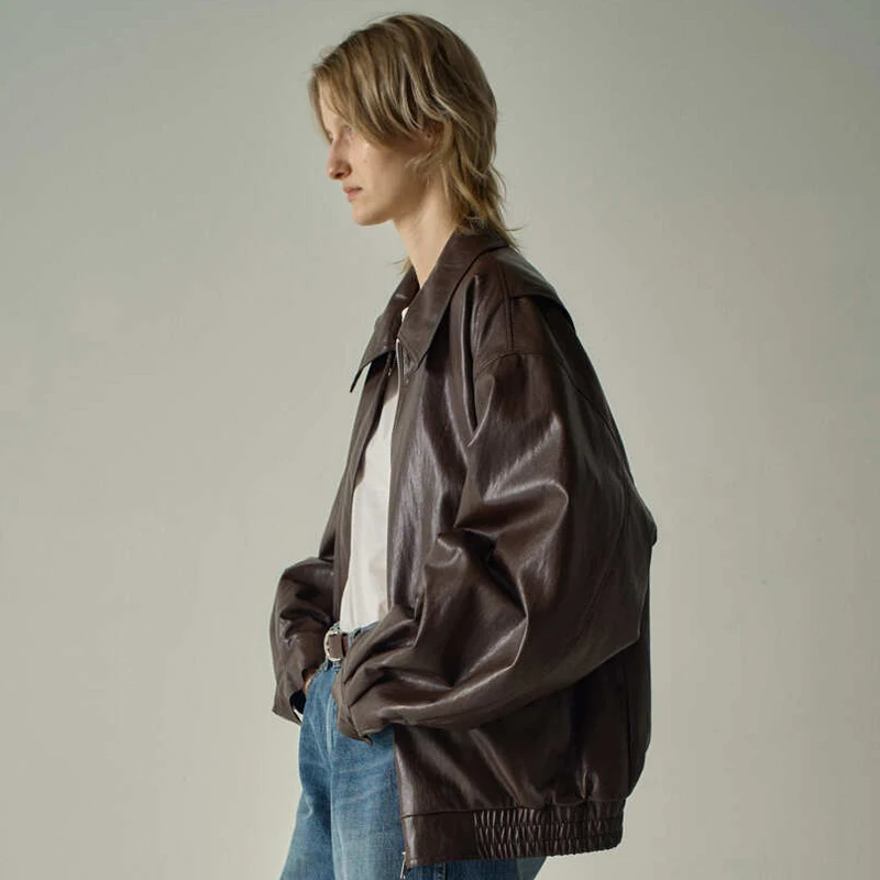 Cappotto da motociclista in pelle PU Jaet da donna allentato Primavera Autunno Nuovo Sle Tagkita Casual Pendolarismo Waer Tessuto in pelle Lunga Zip lunga