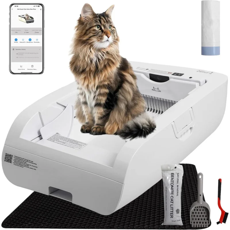 

WiFi Self Cleaning Cat Litter Box Auto App Control Large Open Design Odor Control Works with Clumping Litter Anti Pinch Safety