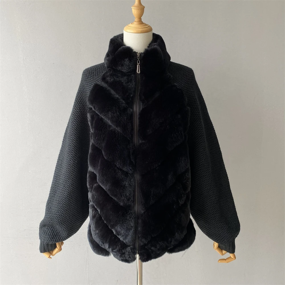 معطف نسائي من الفرو الحقيقي من Jxwatcher بأكمام محبوكة سترة من فراء الأرانب الطبيعي 2025 تصميم جديد لشتاء معاطف فرو دافئة للسيدات