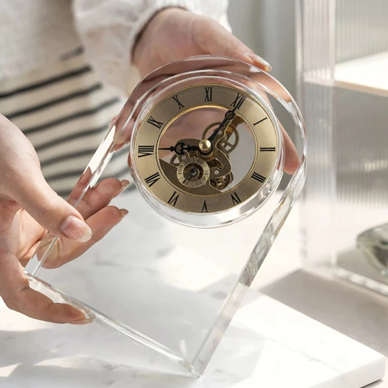 Crystal Mechanical Table Clock Transparent Table Watch Desk Clock Metal Silent Desktop Clocks Vintage Living Room Decoration