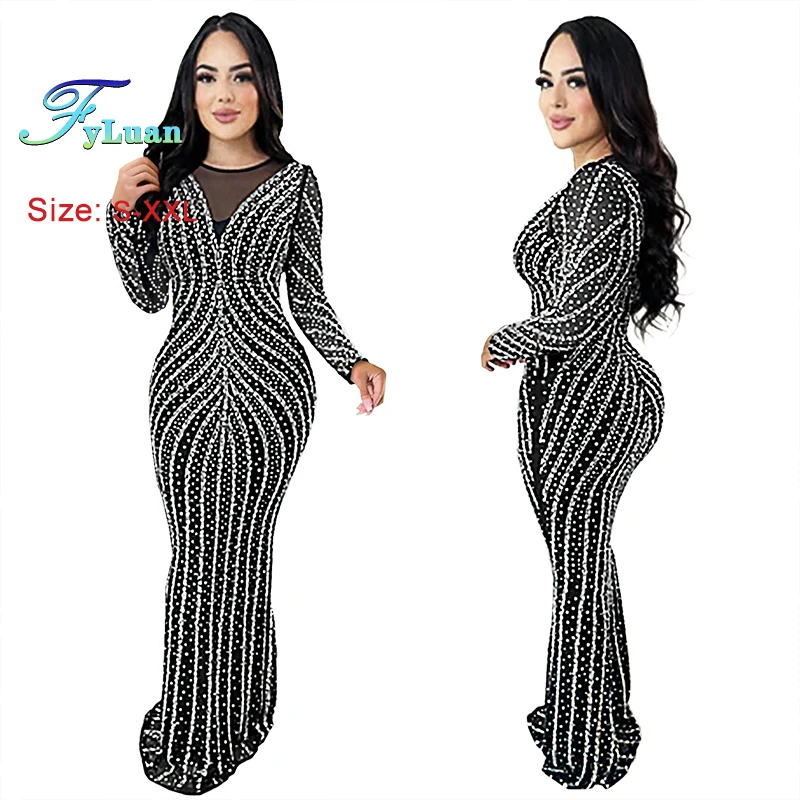 New Solid Color Women Long Sleeve Floor Length Dress Sheer Mesh Hot Rhinestones O Neck Long Dresses For Women Wedding Party Gown