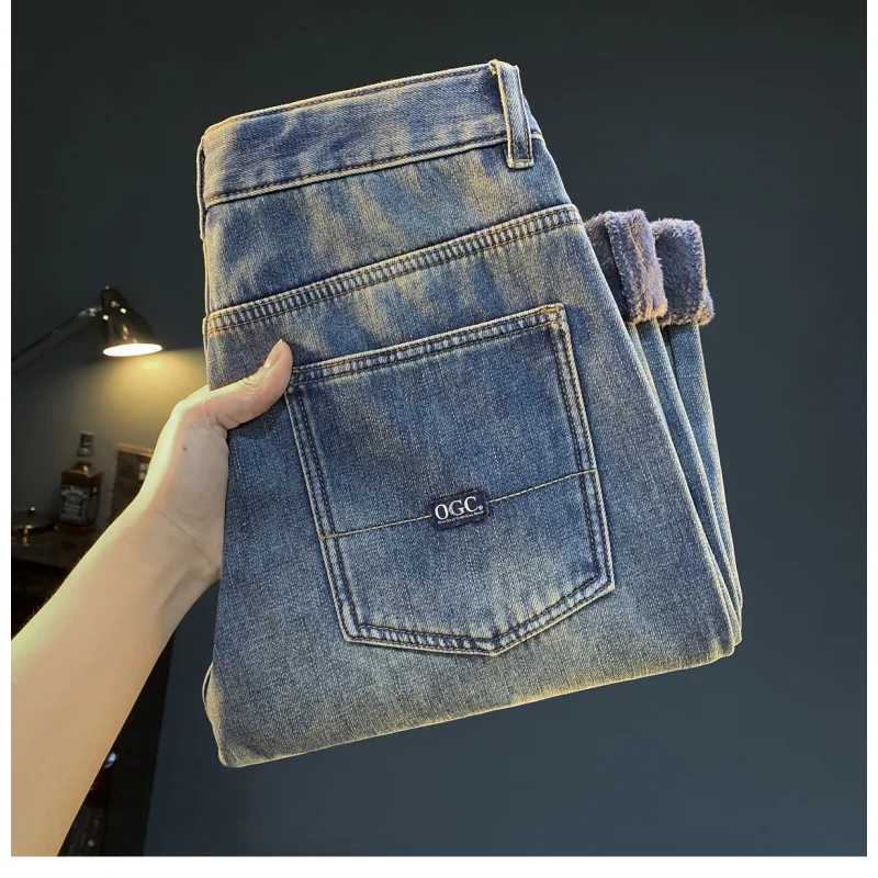 Winter velvet thick denim jeans for men in 2025, fashionable, cold resistant, warm, thick and high-end men's pant
