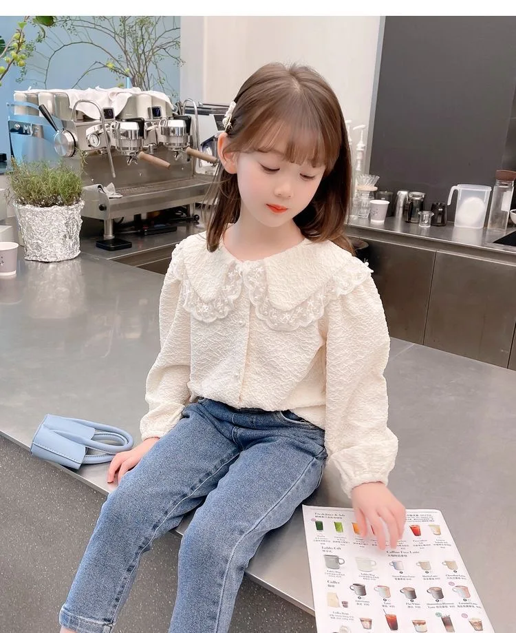 2024 Versatile Trendy Bottom Doll Shirt Spring and Autumn New Girl Pearl Lace Flip Collar Soft White Shirt