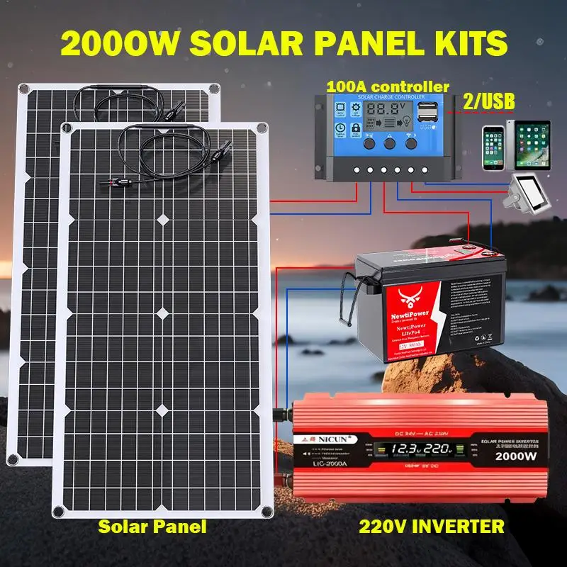 2000W Complete Off-Grid Solar Power Kit With 2000W Inverter 100A Controller 30Ah Battery for RV Camping Home Emergency