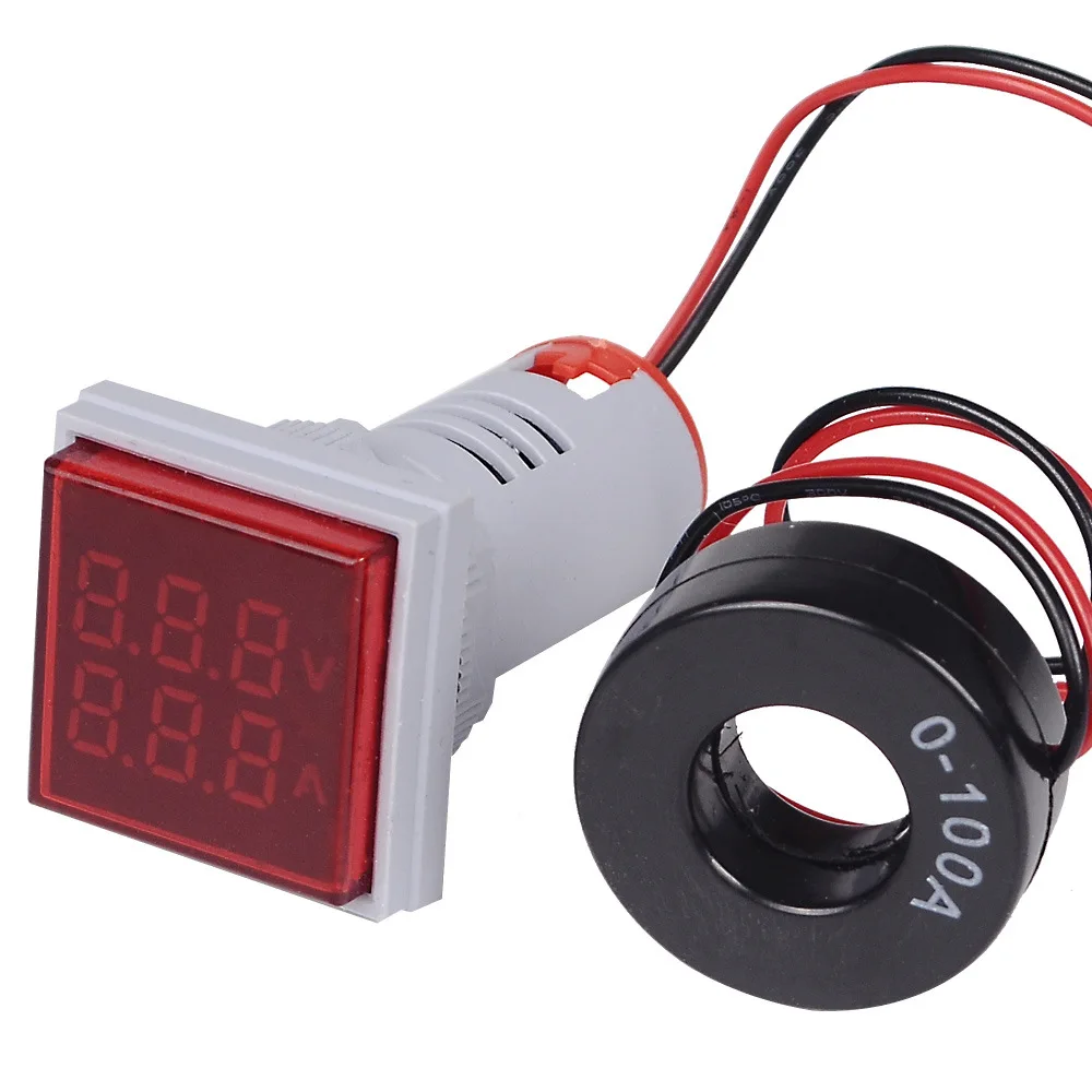 22mm Round Square LED Digital Voltmeter Ammeter Signal Lights Voltage Current Meter Indicator Tester AC 60-500V 6-100A Tester