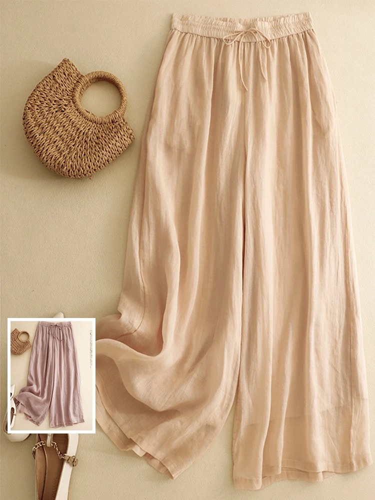 

Летние тонкие однотонные двухслойные широкие брюки, драпированные повседневные брюки с высокой талией, прямой крой, женские брюки больших размеров, юбка