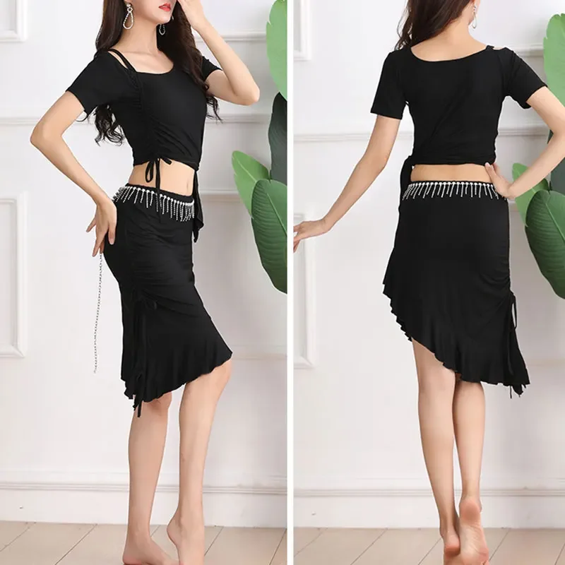 2 uds mujeres danza del vientre Oriental Crop Top falda práctica rendimiento adulto elegante traje de danza del vientre señora lección conjunto de traje
