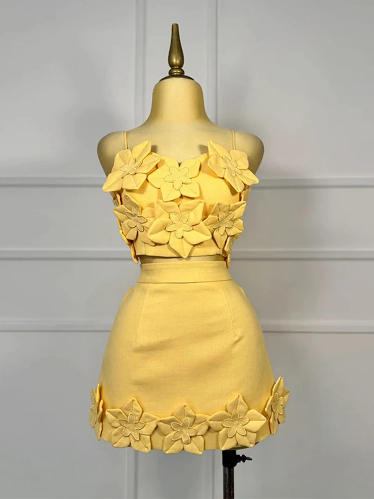 Elegante 3d flor superior mini saia terno feminino deslizamento sem costas recortado topo de cintura alta a linha saias verão senhora ternos de praia