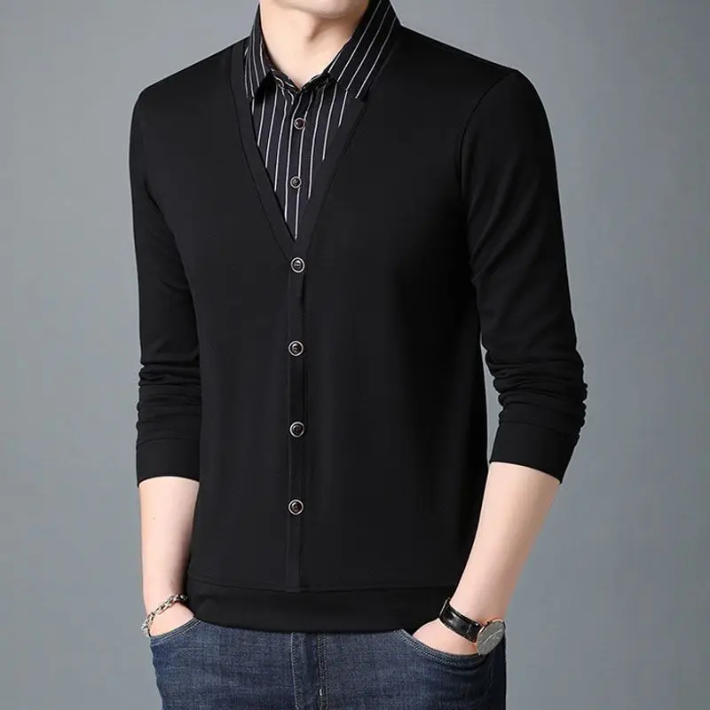 2026 Fake Two-piece Long-sleeved Shirt Collar T-shirt Men's Lapel Shirt Plus Size Business Autumn Bottoming Shirt Cotton Top