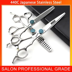 6 Inch Barber Shears Genuine 440C Japanese Stainless Hairdressing Scissors Hairdresser Thinning Scissors CNC Hair Cutting Tools