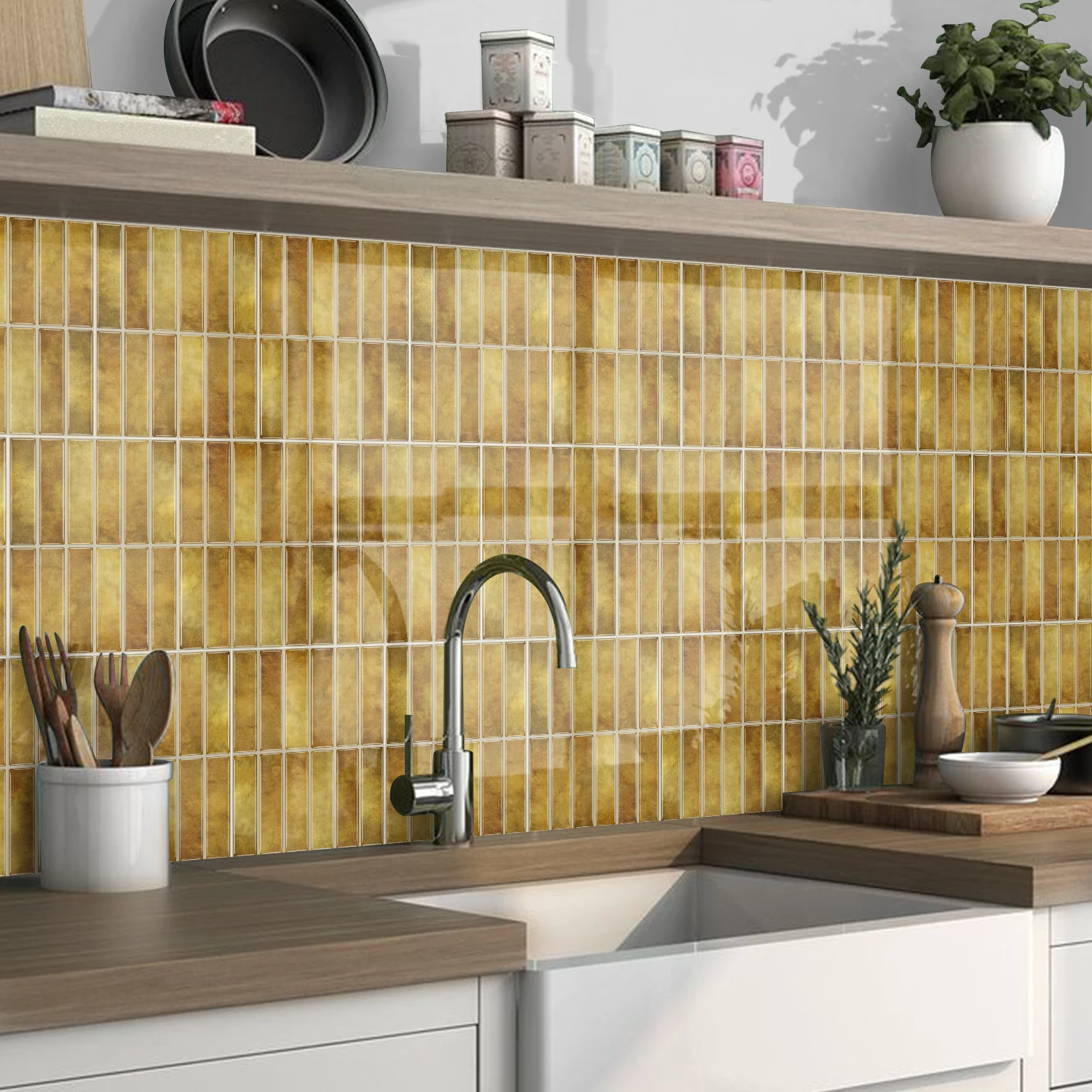 

Golden 2D Tile Self-Adhesive Wall Sticker (17×23cm) Thickened PE Foam Backsplash for Kitchen Bathroom Decor