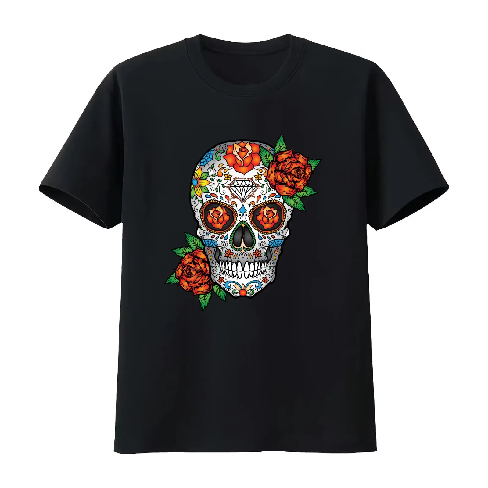 Sugar Skull Dia de los Muertos T-Shirt Summer Casual Cotton Tee Oversized Streetwear Tops Vintage Graphic Print 100% Cotton