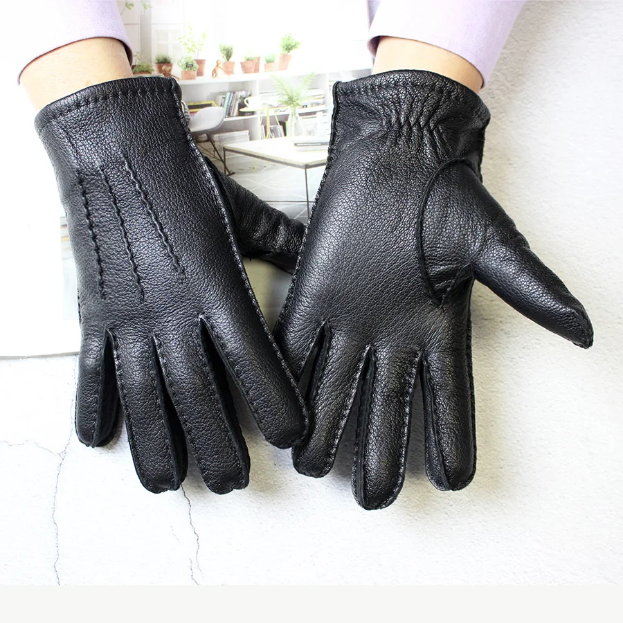 Leather Deerskin Gloves Men\'s Wool Lining Hand Sewn Fashion Stripe Style Warm Autumn and Winter Brown Touch Screen Split Fingers