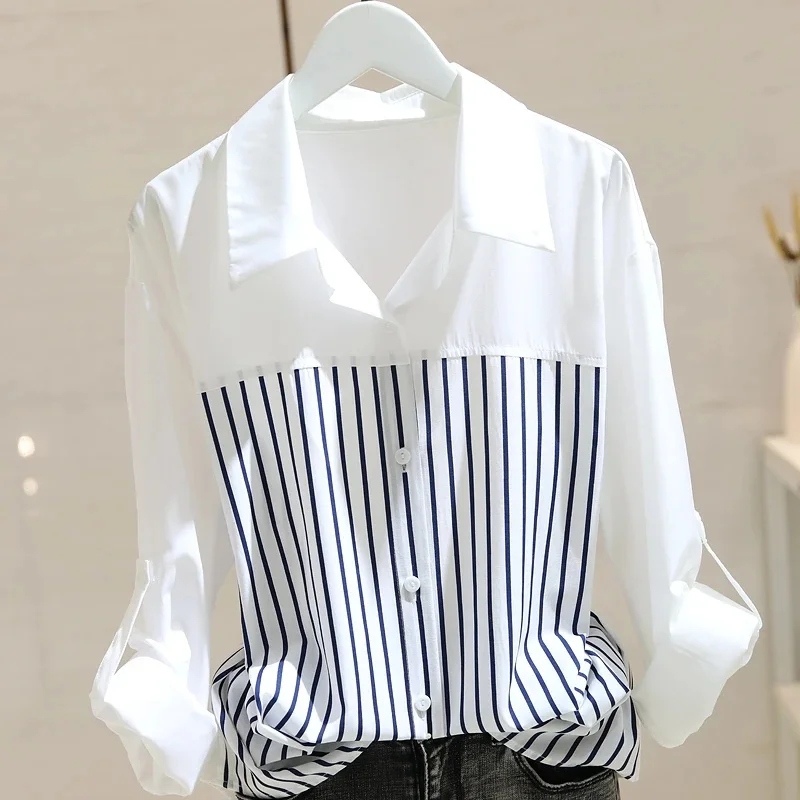 

Stripe stitching design shirt 2025 new spring autumn women's shirt long sleeved versatile Casual white shirt Blouse top Female