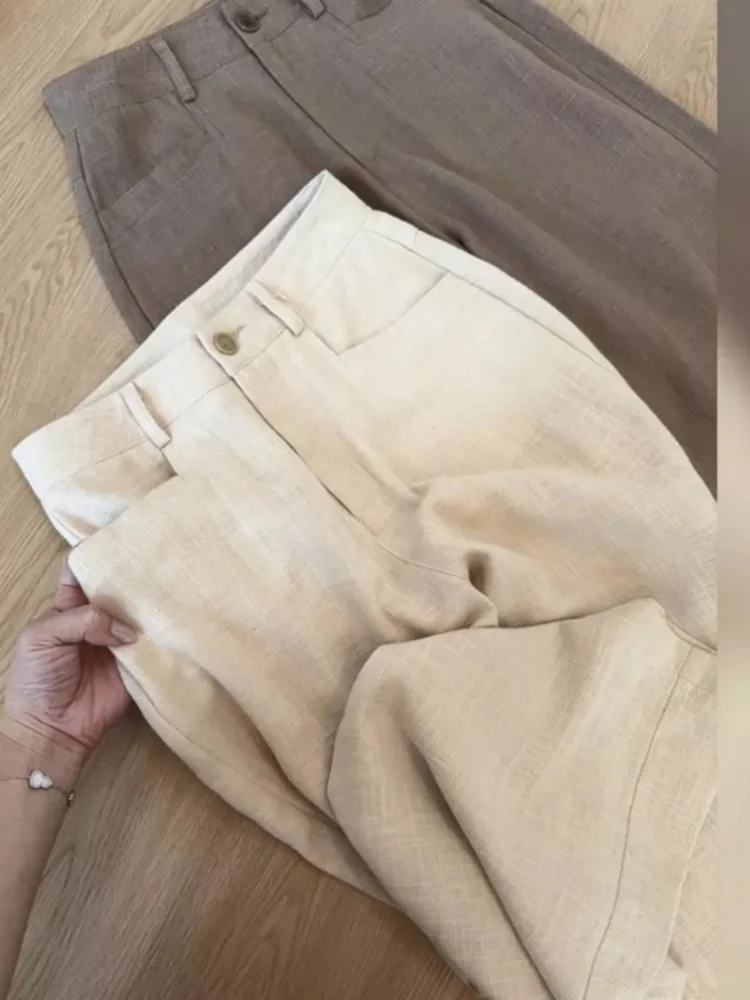

Linen Wide Leg Pants Women's Casual Straight Cut Trousers Summer New Style High Waist Pocket Detail Commute Friendly