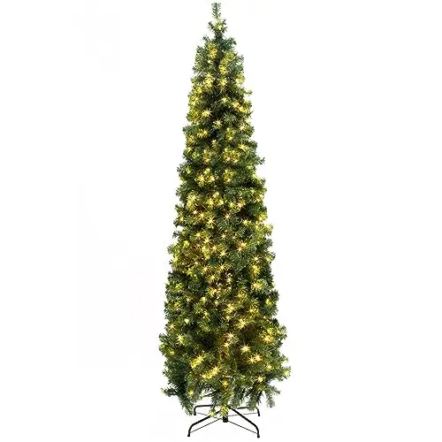 Pre-Lit Pencil Artificial Holiday Slim Christmas Tree with Warm Lights and Metal Base Stand for Home, Office, Party