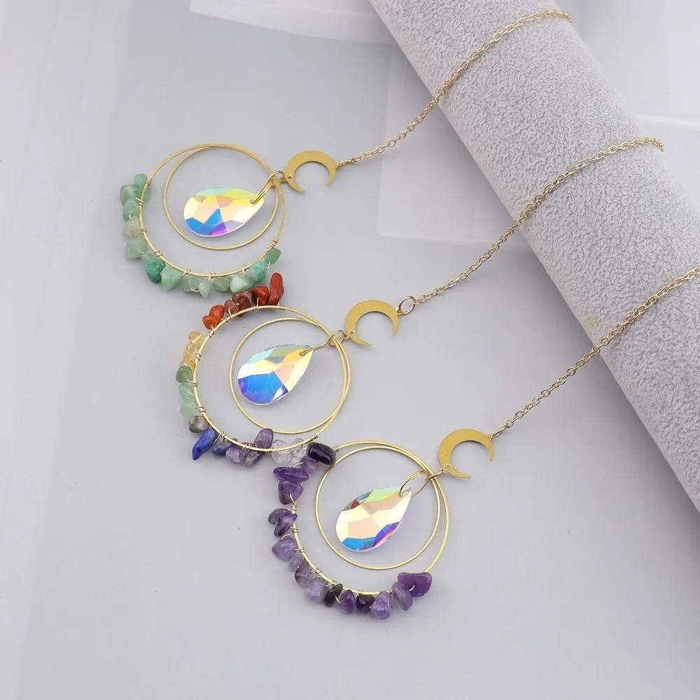 Circle Crystal Suncatcher Amethyst Stones Hanging Rainbow Maker Light Catcher Wind Chime Style Hanging Crystal Ornament