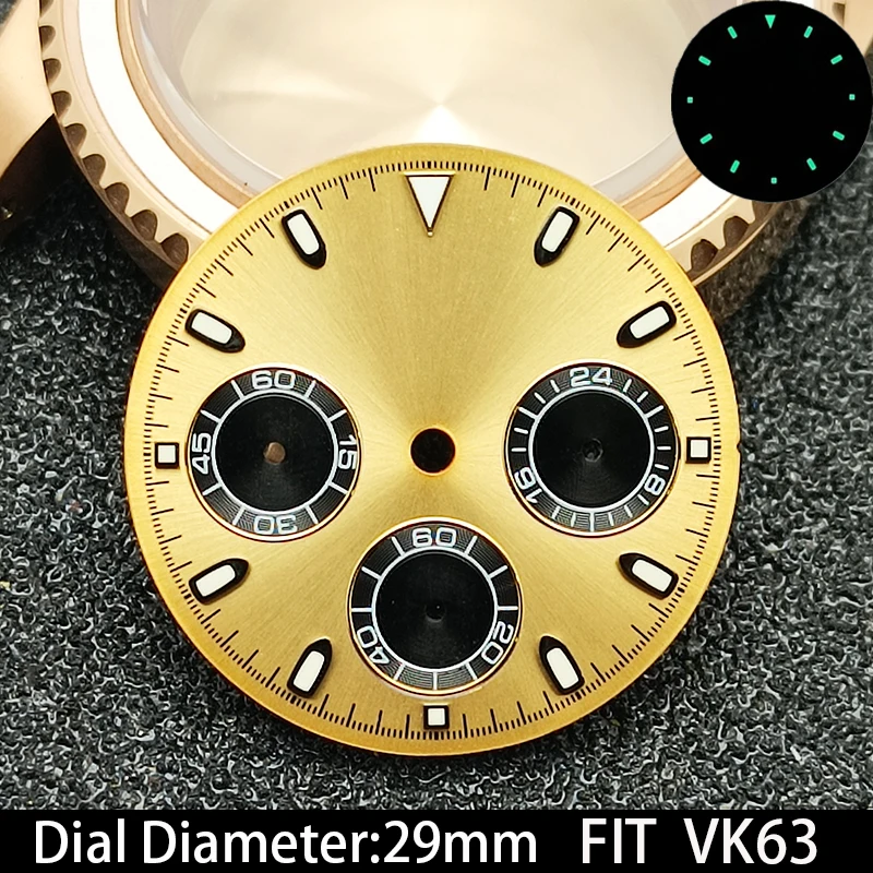 Циферблат VK63, высококачественный зеленый светящийся циферблат часов 29 мм для механизма VK63, аксессуары для мужских часов