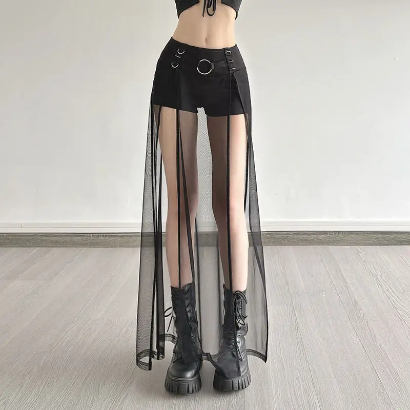 

American Dark Style Spicy Girl Metal Buckle Mesh Patchwork Half Skirt Women Low Waist Slim Fit Long Skirt