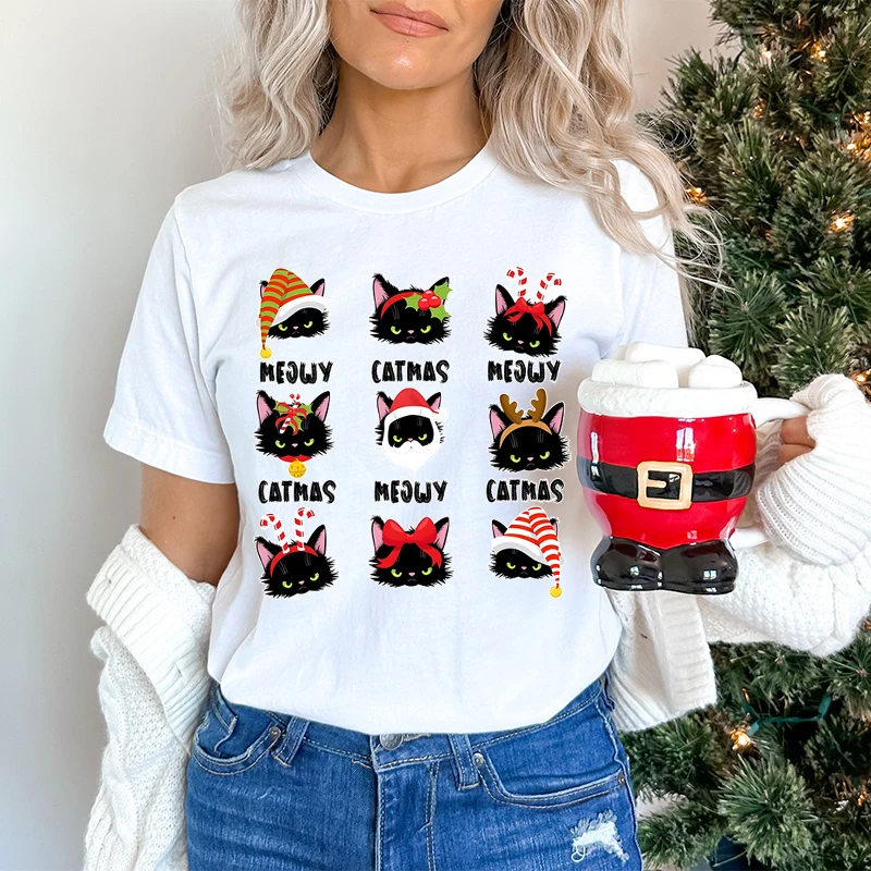 Camiseta clásica de gato de Feliz Navidad, regalo para amantes del gato de Papá Noel para Navidad, cuello redondo, ropa de mujer, camisetas festivas de manga corta